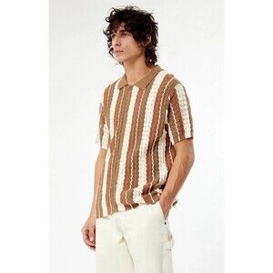 Pacsun Knit Button Up Polo Shirt Mens S/M Brown Textured Stripe Cotton Coastal
